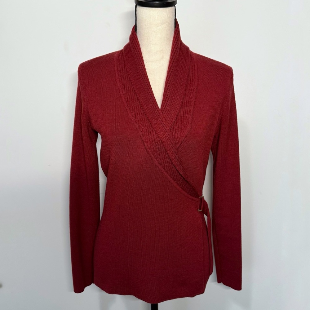 Ann Taylor shawl collar wrap sweater, Merino wool, dark red, small